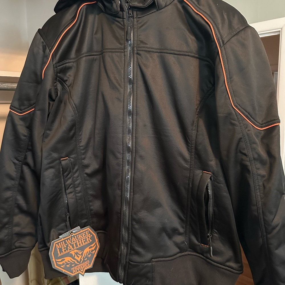 Milwaukee Women's Black Armored Motorcycle Jacket with Orange Accents